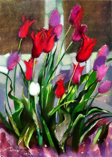 Painting «Tulips II», oil, watercolor, canvas. Painter Sachenko Olena. Buy painting