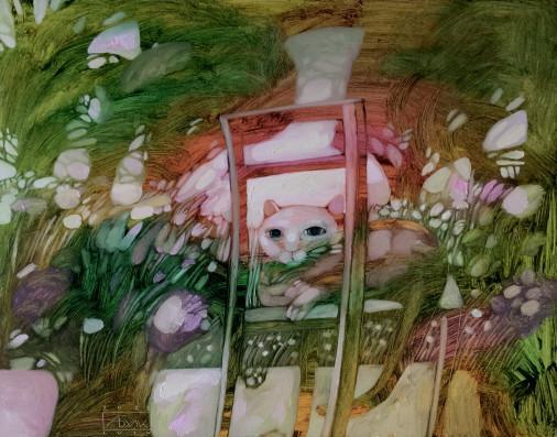 Картина «Кіт на терасі з квітами», олійні фарби, полотно. Художниця Булкіна Анна. Купити картину
