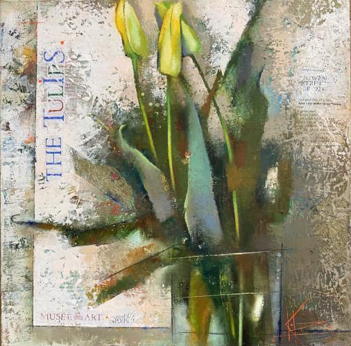 Painting «Yellow tulips», oil, collage, canvas. Painter Korniienko Oksana. Buy painting