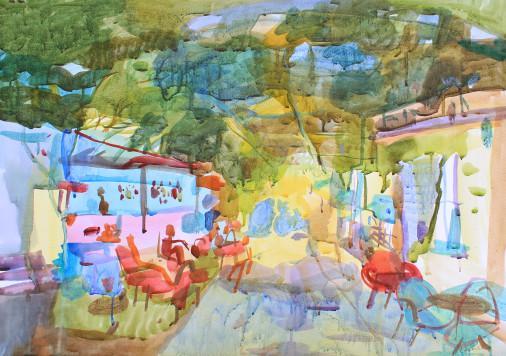 Painting «Cafe under the trees», watercolor, paper. Painter Belaschuk Tetiana. Buy painting