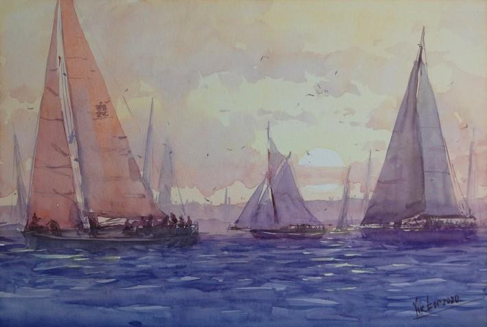 Картина “Море, захід сонця, човни“