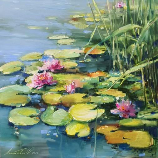 Painting «Pink water lilies», oil, canvas. Painter Laptieva Olha. Buy painting