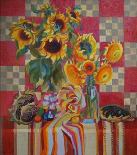 Painting «Sunflowers on red», oil, canvas. Painter Pavlenko Leonid. Buy painting