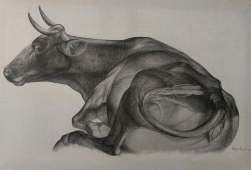 Painting «Cow 2», mixed media, pencil, ink, canvas. Painter Hiedzievich Stanislav. Buy painting