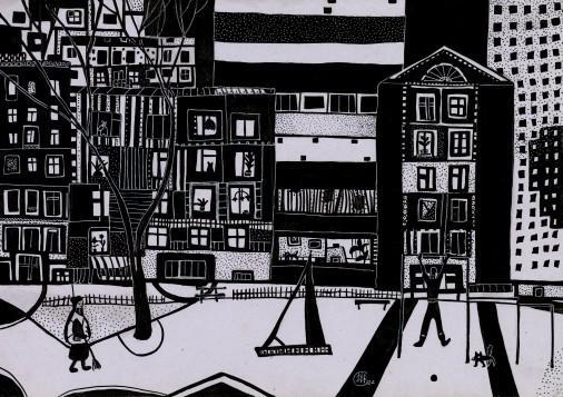Картина «Довоенное утро в городе Чернигове», тушь, картон. Художница Синиченко Леся. Купить картину