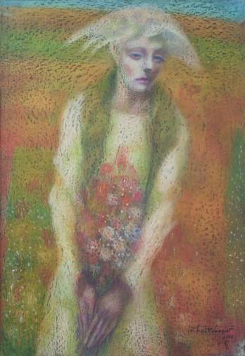 Картина «НЮ. Дівчина з квітами», олійні фарби, пастель, папір. Художник Желтоногов Oлексій. Купити картину