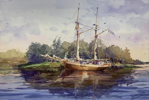 Painting «Sailboat near the island», watercolor, paper. Painter Mykytenko Viktor. Buy painting
