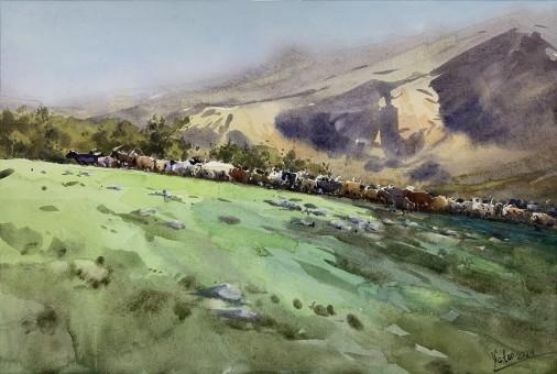 Painting «Flock in the mountains», watercolor, paper. Painter Mykytenko Viktor. Buy painting