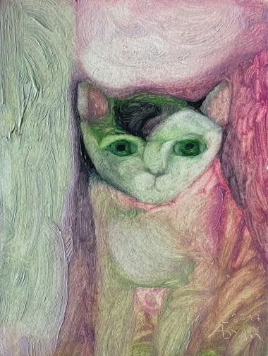 Картина «Котенок на розовом фоне», масло, двп. Художница Булкина Анна. Купить картину