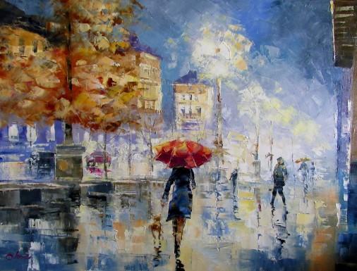 Painting «It's raining Khreshchatyk», oil, canvas. Painter Kolos Anna. Buy painting