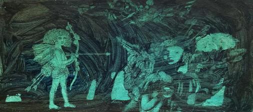 Картина «Полювання Купідонів», акрил, гуаш, двп. Художниця Булкіна Анна. Купити картину