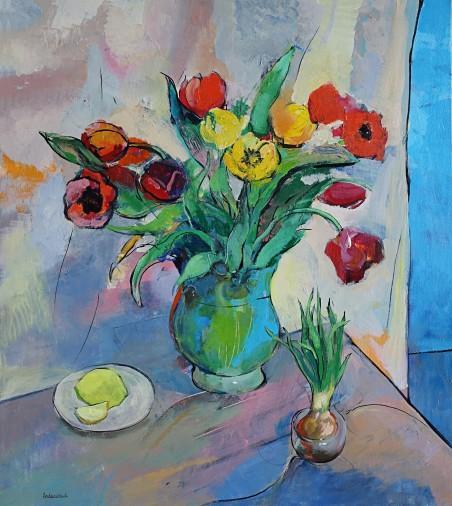 Painting «Still life with tulips», acrylic, canvas. Painter Andreichuk Artem. Buy painting