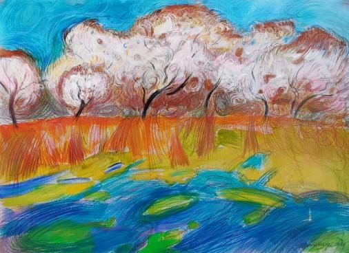 Painting «In the apricot orchard», acrylic, pencil, pastel, cardboard. Painter Makedonskyi Pavlo. Buy painting