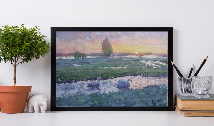 Картина “Лебеди в вечерних лучах солнца”-3